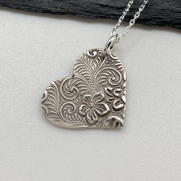 Unique Silver Heart Necklace Sterling Silver Necklace Heart Pendant Necklace Silver Floral Jewelry Gift for Her Handmade Layering Necklace