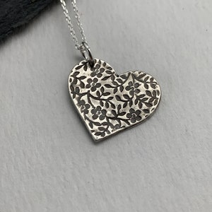 Floral Silver Heart Necklace Sterling Silver Necklace Silver Rose Pendant Necklace Silver Jewelry Gift for Her Handmade Layering Necklace