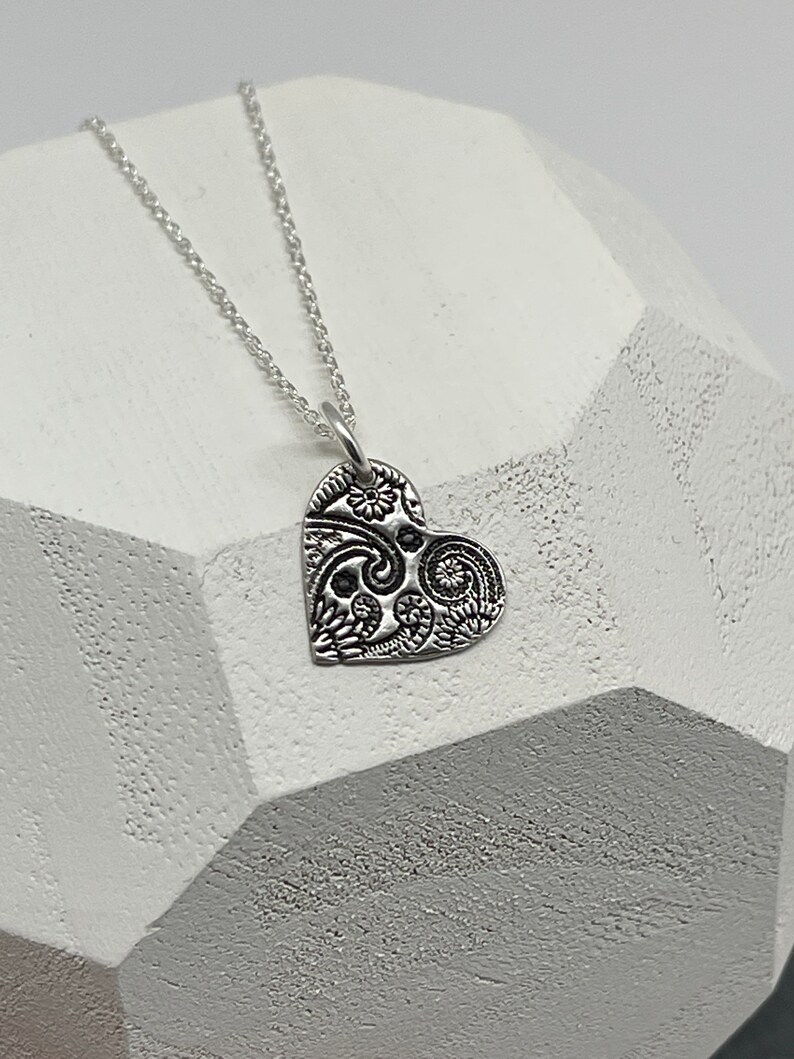 Tiny Modern Floral Paisley Heart Silver Necklace Silver Floral Pendant