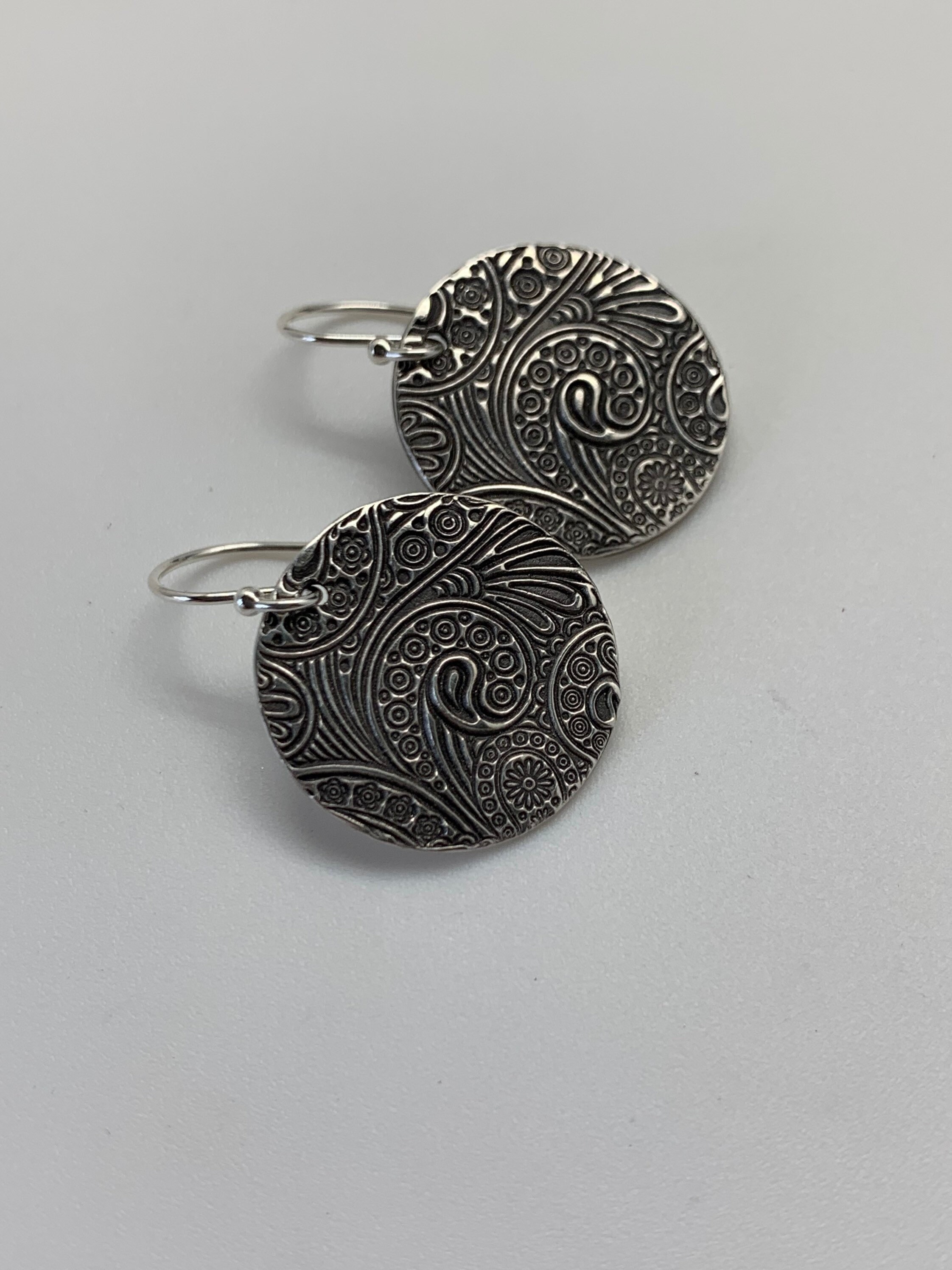 Silver Round Paisley Floral Earrings Sterling Silver Earrings | Etsy