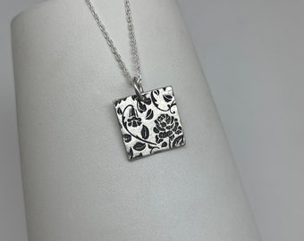 Tiny Modern Rose Necklace • Sterling Silver Flower Jewelry • Small Floral Square Pendant Necklace • Boho Layering Jewelry • Bracelet Charm