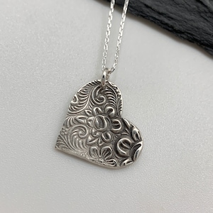 Floral Silver Heart Necklace Sterling Silver Necklace Silver Rose Pendant Necklace Silver Jewelry Gift for Her Handmade Layering Necklace