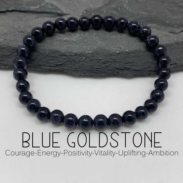 Energetic Navy Blue Goldstone Gemstone Bracelet Courage Gemstone Jewelry Holiday Gift for Her Boho 6mm Beaded Gemstone Bracelet