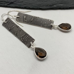 Silver Wave Bar Earrings Smoky Quartz Silver Gemstone Earrings Silver Wavy Rectangular Sterling Silver Ocean Jewelry Gift for Her