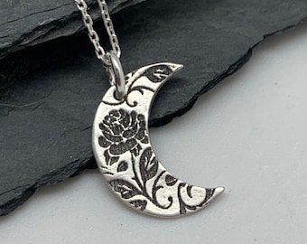 Modern Silver Flower Moon Necklace Sterling Silver Lunar Necklace Silver Rose Jewelry Handmade Layering Bohemian Necklace Bracelet Charm