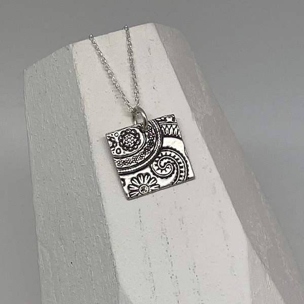 Small Square Silver Paisley Flower Necklace • Boho Modern Pendant • Silver Charm Jewelry Paisley Mod Collection • Layering Necklace