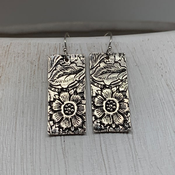 Beautiful Silver Bar Earrings Floral Leaf Silver Earrings Silver Flowers Rectangular Sterling Silver Jewelry Gift for Her Bohemian Earrings