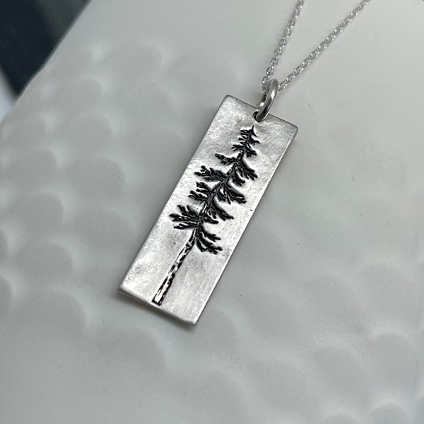 Tree of Life Bar Necklace • Sterling Silver Evergreen Tree Necklace • Embossed Pine Tree Pendant • Vertical Bar Necklace