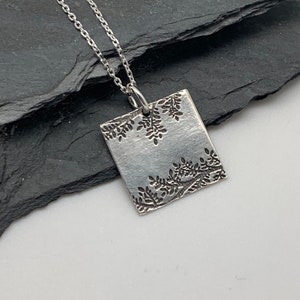 Small Modern Floral Square Silver Necklace Silver Fern Leaf Pendant Necklace Silver Gift for Her Handmade Layering Flower Boho Jewelry