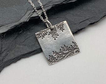 Small Modern Floral Square Silver Necklace Silver Fern Leaf Pendant Necklace Silver Gift for Her Handmade Layering Flower Boho Jewelry