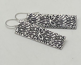 Sterling Silver Floral Bar Earrings • Sterling Floral Dangle Earrings • Flower Burst Rectangle Earrings • Modern Boho Leaf Earrings