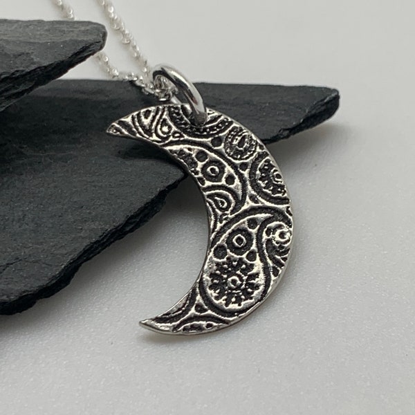 Tiny Silver Paisley Moon Necklace Sterling Silver Moon Pendant Silver Moon Jewelry Handmade Layering Bohemian Lunar Necklace Bracelet Charm