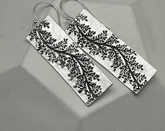 Silver Tree Branch Bar Earrings • Sterling Floral Earrings • Flower Rectangle Earrings • Modern Boho Leaf Earrings • On A Limb Collection