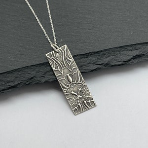 Unique Art Nouveau Style Daffodil Necklace • Sterling Silver Rectangle Floral Bar Pendant • Sterling Flower Jewelry • Nature Garden Necklace