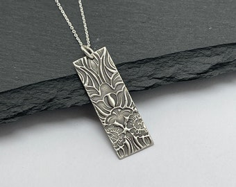 Unique Art Nouveau Style Daffodil Necklace • Sterling Silver Rectangle Floral Bar Pendant • Sterling Flower Jewelry • Nature Garden Necklace