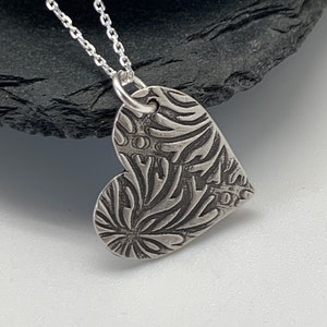 Silver Heart Floral Necklace Flower Jewelry Sterling Silver Heart Necklace Gift for Her Layering Necklace Bohemian Necklace