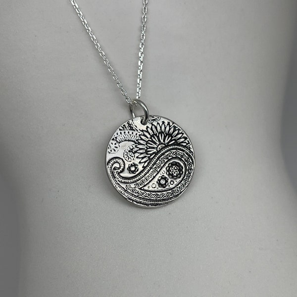 Small Silver Circle Paisley Necklace • Silver Floral Pendant • Sterling Paisley  • Boho Round Layering Necklace • Mod Paisley Collection