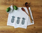 White natural Linen / cotton Kitchen Tea Dish Hand Face Towel, Hand Printed linocut pineapple print, Housewarming Wedding Birthday gift