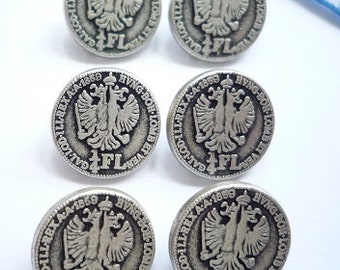 6 Trachtenknöpfe "Münzen", antik-silberf., 15 mm (Euro 0,60/Stück)