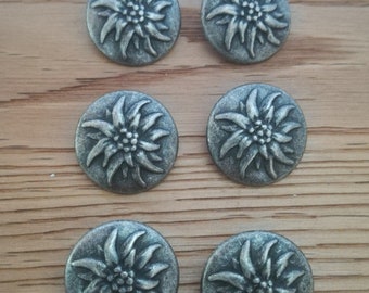 6 Trachtenknöpfe Edelweiss, 2 cm, antik-silberf. (1,25 Euro/Stück)