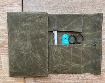 Waxed Canvas Olive Green Tool Rollup | Denim Pouch | Useful for Knitting, Sewing, Pottery, Organizers, Bike | Dude Gifts | Tools Organizer