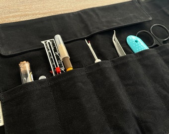 Vegan All Waxed Canvas Black Tool Rollup | Toolkit | Tool Case, Gift for Knitting, Sewing, Pottery | Guy Gift | Pen Pencil Case | Canvas Bag