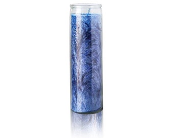 May include: A tall, cylindrical blue candle in a clear glass jar. The candle has a textured, feathery appearance with shades of blue and purple. The wick is visible at the top. The candle is a decorative item.