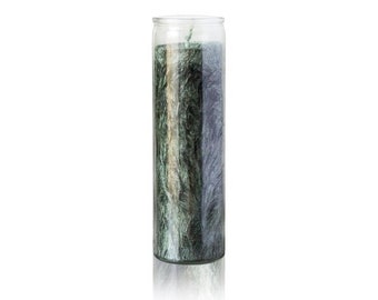 May include: A tall, cylindrical candle in a clear glass jar. The candle wax has a marbled appearance with shades of green and blue. The candle is unscented and has a single wick.