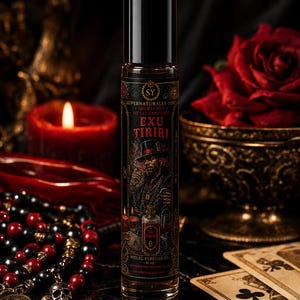 Könnte beinhalten: Eine Parfümflasche mit schwarzem Verschluss und einem Etikett mit einer Illustration eines Mannes mit Hut. Auf dem Etikett steht "EXU TIRIRI" und "Ritual Perfume Oil". Eine rote Rose, eine brennende Kerze und Perlen sind im Hintergrund.