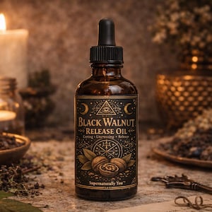 以下が含まれることがあります： 黒クルミリリースオイルの茶色のガラス瓶と黒いスポイト。ラベルには金と黒の文字とイラストが描かれています。瓶は、ろうそく、ハーブ、装飾的なキーに囲まれています。