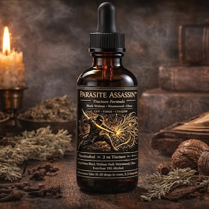 Puede incluir: Una botella de vidrio ámbar oscuro de tintura "Parasite Assassin" con un cuentagotas negro. La etiqueta presenta un gráfico de guerrero. La escena incluye una vela encendida, libros y nueces, lo que sugiere un tema de remedio natural.