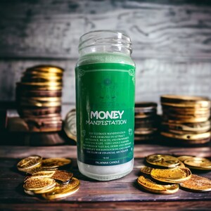 May include: A green glass candle with a white label that reads "MONEY MANIFESTATION" and includes the text "The ultimate manifestation tool designed to attract abundance, wealth and prosperity into your life. This candle harnesses the power of natural herbs and crystals to amplify your intentions and unlock the flow of financial abundance. 16 oz Palm Wax Candle"