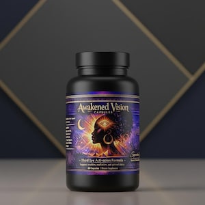 Puede incluir: Botella negra de "Awakened Vision Capsules" con una etiqueta que presenta la silueta de una mujer, una luna creciente y un ojo. La etiqueta también incluye el texto "Third Eye Activation Formula" y "60 Capsules".