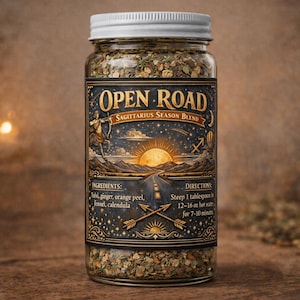 May include: A glass jar with a white lid filled with a blend of herbs and spices. The label reads "OPEN ROAD Sagittarius Season Blend" with a detailed illustration of a road leading to a sunset. Ingredients and directions are also listed.