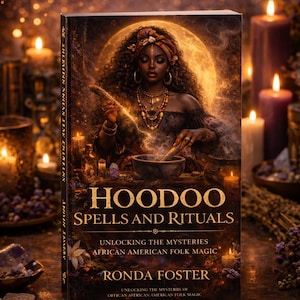 May include: A book titled "Hoodoo Spells and Rituals" with a woman on the cover, surrounded by candles. The book cover features the text "Hoodoo Spells and Rituals" and "Ronda Foster". The book is about African American folk magic.