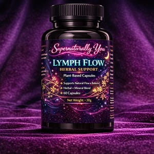 May include: A black bottle of "LYMPH FLOW" herbal supplement capsules. The label features the text "Supernaturally You" and details about the product, including "Plant-Based Capsules" and "60 Capsules". The net weight is 30g. The background is a deep purple fabric.