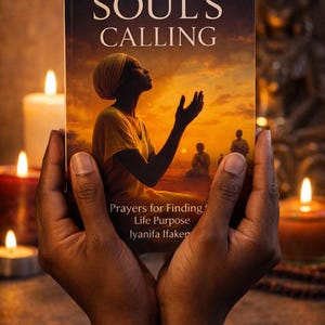 May include: A book titled "SOUL'S CALLING" is held in dark hands, with the cover showing a person looking up at a sunset. The book's subtitle reads "Prayers for Finding Life Purpose" by Iyanifa Ifakemi. Lit candles and a beaded bracelet are in the background.