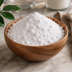 May include: A wooden bowl filled with a large quantity of white powder, likely a baking ingredient. The bowl is set on a marble surface, with a neutral-colored cloth and a glass jar in the background. Green leaves are visible on the left side of the image.