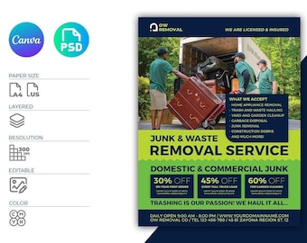 Junk Removal Services Flyer Template | Canva Template | Flyer Editable| Photoshop Template | Cleaning Flyer | Instant Download Active