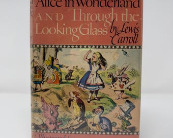 May include: A vintage book cover for "Alice in Wonderland and Through the Looking Glass" by Lewis Carroll, illustrated by John Tenniel. The cover features a colorful illustration of Alice surrounded by characters from the book, including the Mad Hatter, the White Rabbit, and the Cheshire Cat.