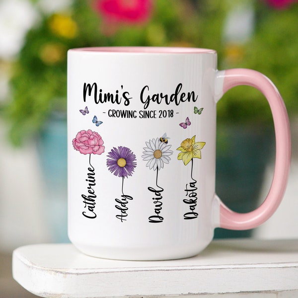 Mimis Garden Mug with Birth Month Flowers and Children's Names, Gifts for Mimi, Grandmas Garden, Birth Month Flowers, Personalized Mug