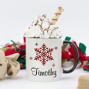 Hot Cocoa Mug, Christmas Mug, Coffee Mug, Holiday Mug, Childrens Gift, Gift for Him, Buffalo Plaid Mug, Snowflake Mug, Personalized Mug