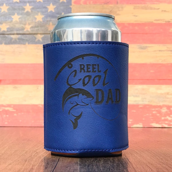 Reel Cool Dad, beer holder, can coolie, drink holder, bottle holder, leather beer holder, fathers day gift, drink holders, insulated holder