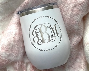 Personalized Stemless Wine Cup, Engraved Stainless Steel Wine Tumbler, Bridal Party Insulated Tumbler, Bridesmaid Tumbler, Monogram Wine