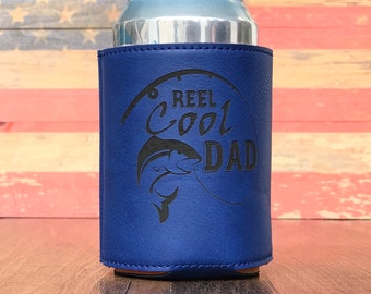 Reel Cool Dad, beer holder, can coolie, drink holder, bottle holder, leather beer holder, fathers day gift, drink holders, insulated holder