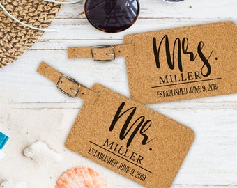 Mr and Mrs Luggage Tags, His and Hers, Honeymoon Bag Tags, Personalized Luggage Tags, Luggage Tag Wedding Favor, faux leather luggage tag