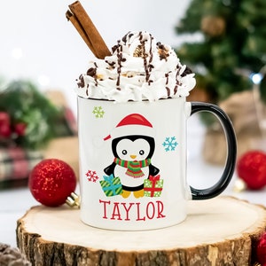 Personalized Hot Chocolate Mugs, Funny Christmas Mug, Secret Santa Gift, Penguin Mug, Kids Christmas Mugs, Childrens Hot Cocoa Mug