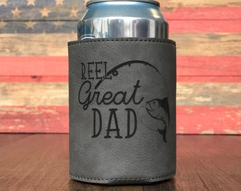 Reel Great Dad, Reel Cool Dad, beverage holder, can coolie, beer holder, drink holder, bottle holder, leather beer holder, fathers day gift