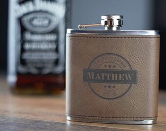 Personalized Flask - Gifts for Groomsmen - Wedding Gift for Men - Faux Leather Flask - Hip Flask - Dark Brown Flask - Engraved Flask