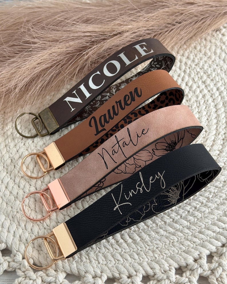 Custom Wristlet Keychain for Women | Personalized Name Key Chain | Engraved Leatherette Key Fob image 7